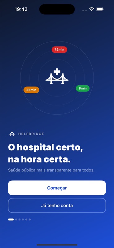 Tela inicial do app Health Bridge mostrando hospitais próximos com tempo de espera