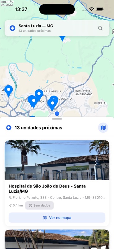 Lista de hospitais próximos com foto, distância e tempo de espera