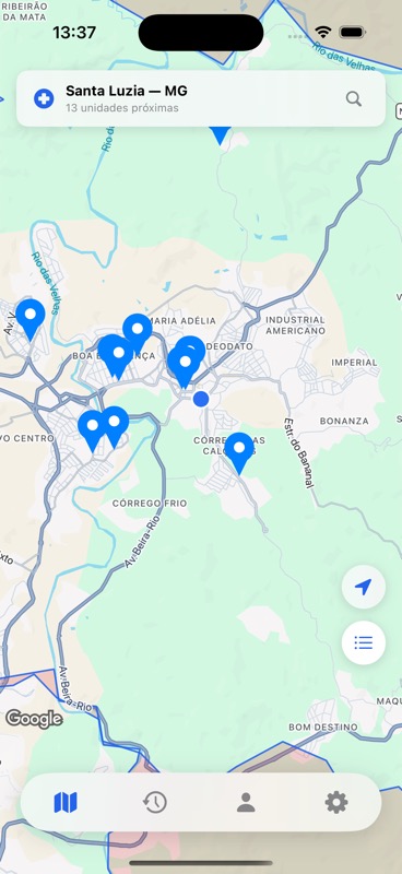Mapa do Health Bridge mostrando hospitais próximos em Santa Luzia, MG